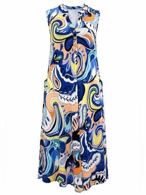 Papillon XL Abstract Print Midi Dress Blue Orange Sleeveless Viscose Boho Print
